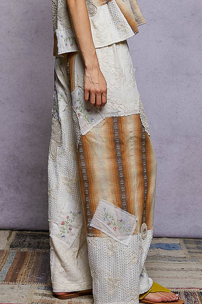 "Deacon" Patchwork Wide Leg Pants in Ivory Chocolate