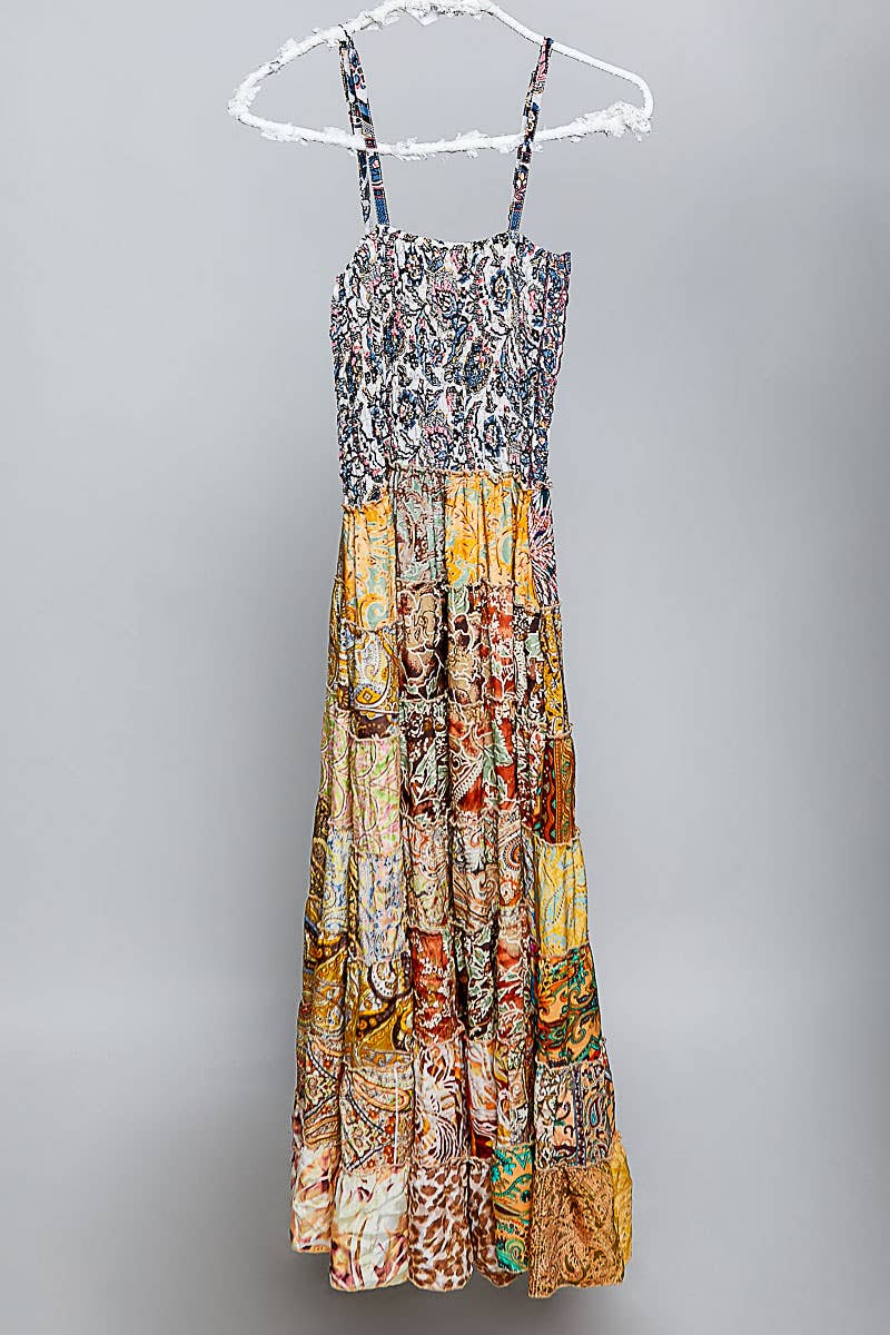 "Boho Patch" Square Neck Smocked Maxi Dress