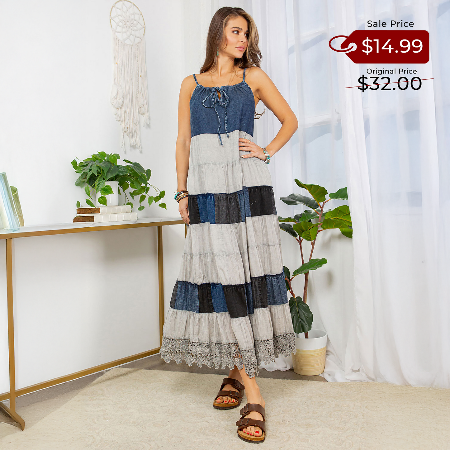 "Prairie" Denim Halter Neck Summer Dress in Grey