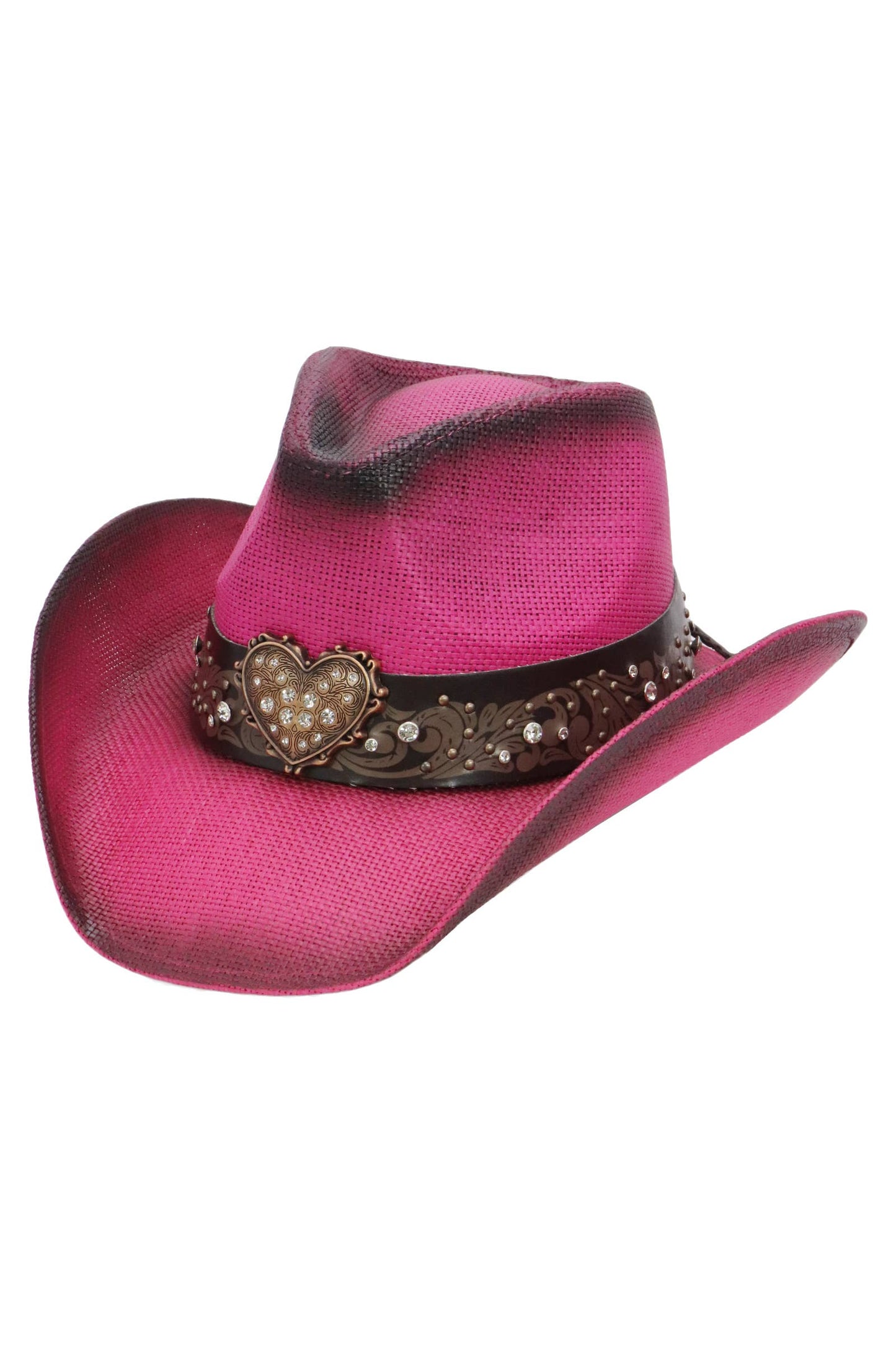 "Heart Bling" Rhinestone Belt Ombre Straw Cowboy Hat