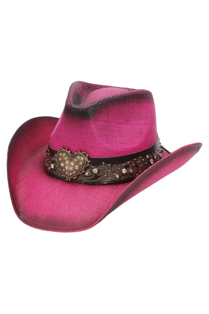 "Heart Bling" Rhinestone Belt Ombre Straw Cowboy Hat