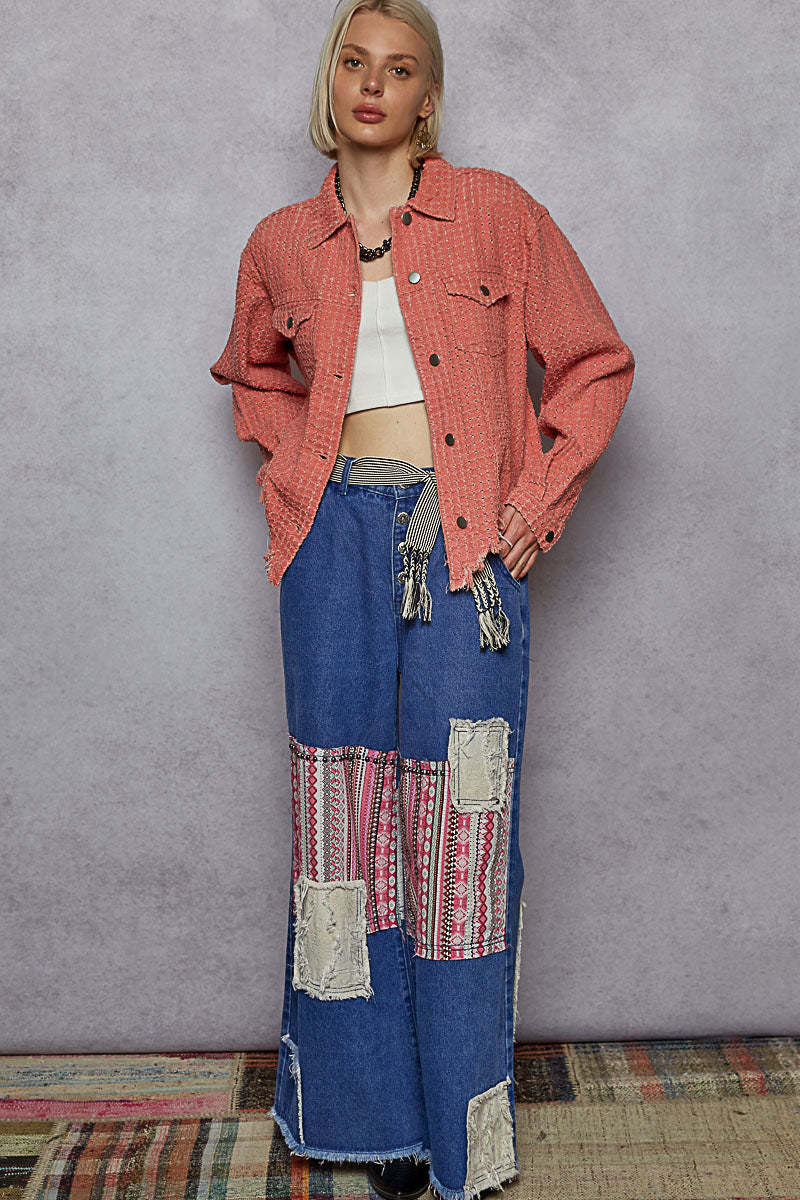 "Lennon" Laser Textured Distressed Twill Jacket in Dusty Pink