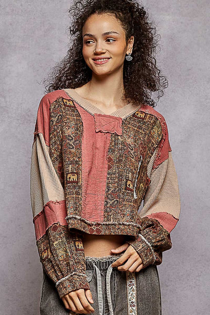 "Pamela" Jacquard Print Shirt in Brick