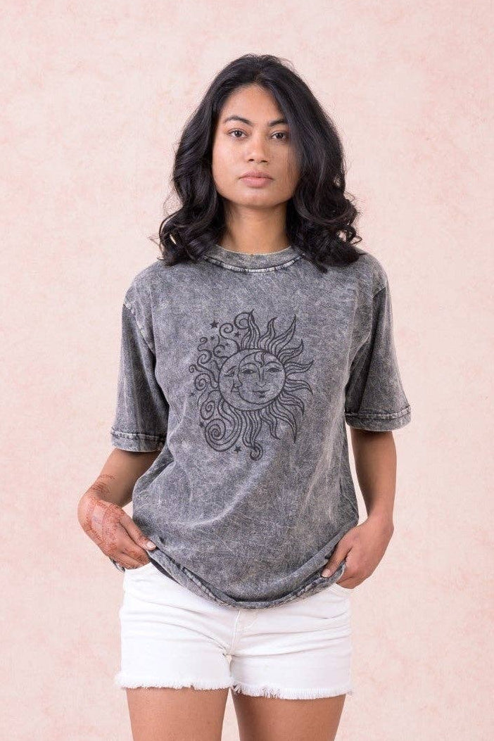 "Sun Moon" Cotton Tee Shirt in Black