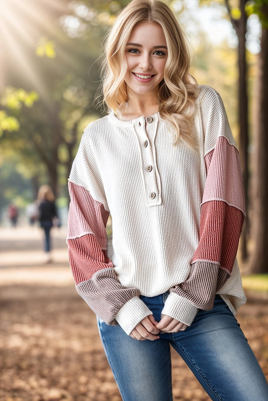 "Pink Lights" Ribbed Color Block Top in Cream and Pinks