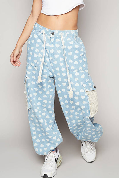 "Heart Joy" Cargo Pants Joggers in Lt Blue
