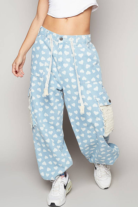 "Heart Joy" Cargo Pants Joggers in Lt Blue