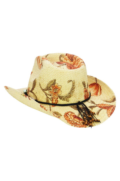 "Poppy" Floral Print Raffia Straw Cowboy Hat