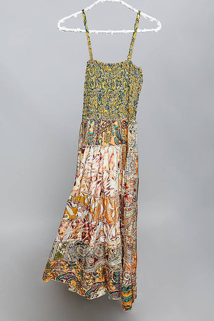 "Boho Patch" Square Neck Smocked Maxi Dress