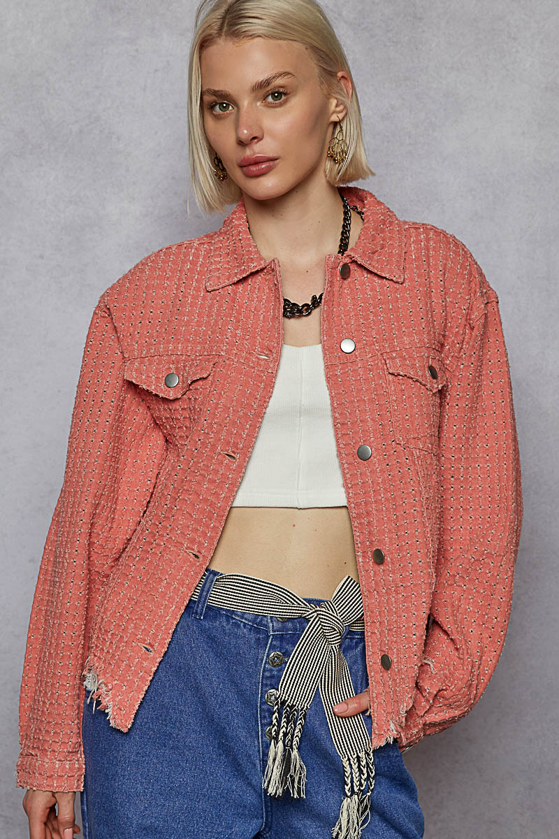 "Lennon" Laser Textured Distressed Twill Jacket in Dusty Pink