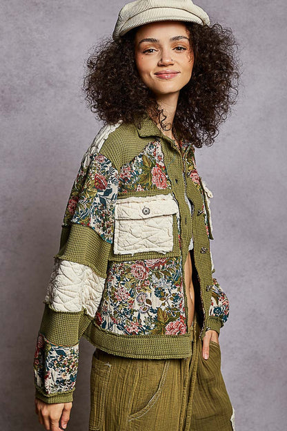 "Mi Adore" Olive Jacquard Waffle Colorblock Floral Jacket