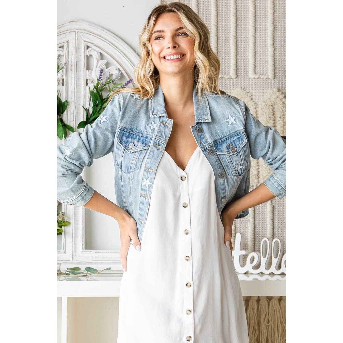 "Starboard" Star Embroidered Denim Jacket in Lt Wash