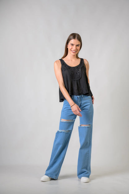 "Petticoat" Sleeveless Viscose Tank Top in Black