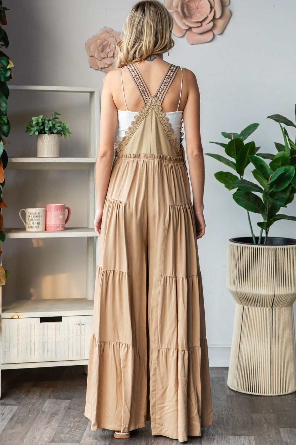 "Freedom" Embroidered Overall Wide Leg Romper In Khaki