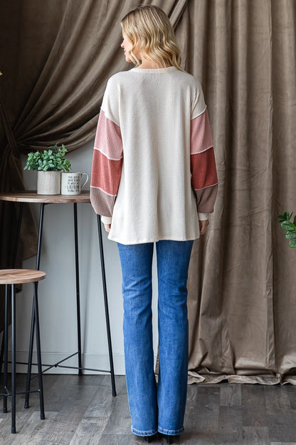 "Pink Lights" Ribbed Color Block Top in Cream and Pinks