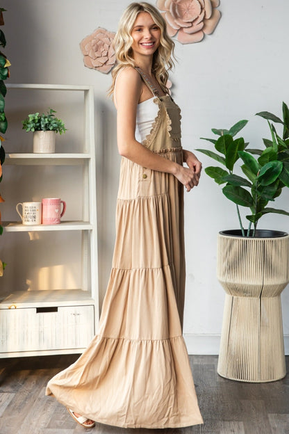 "Freedom" Embroidered Overall Wide Leg Romper In Khaki