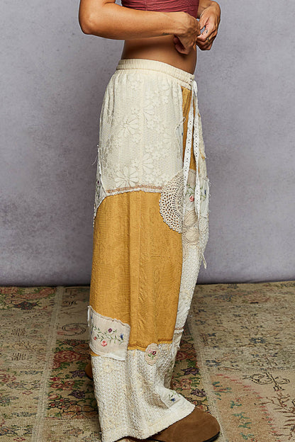 "Deacon" Patchwork Wide Leg Pants in Ivory Honey