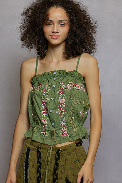"Delight" Embroidered Poplin Top in Grass Green