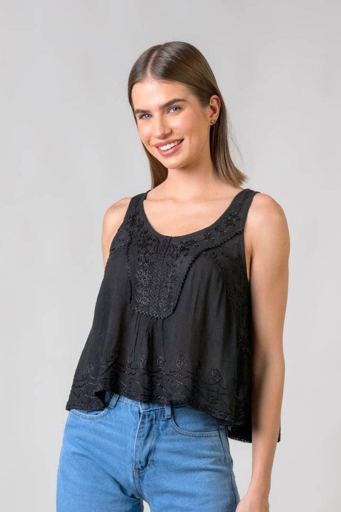 "Petticoat" Sleeveless Viscose Tank Top in Black