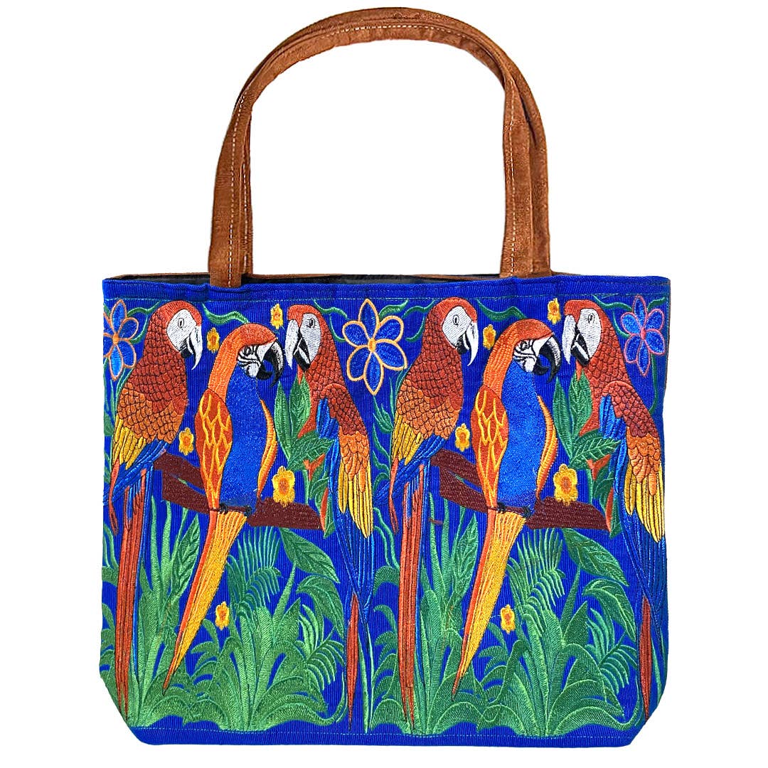 "Boho Parrot" Embroidered Floral Suede Tote Bag