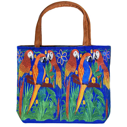 "Boho Parrot" Embroidered Floral Suede Tote Bag