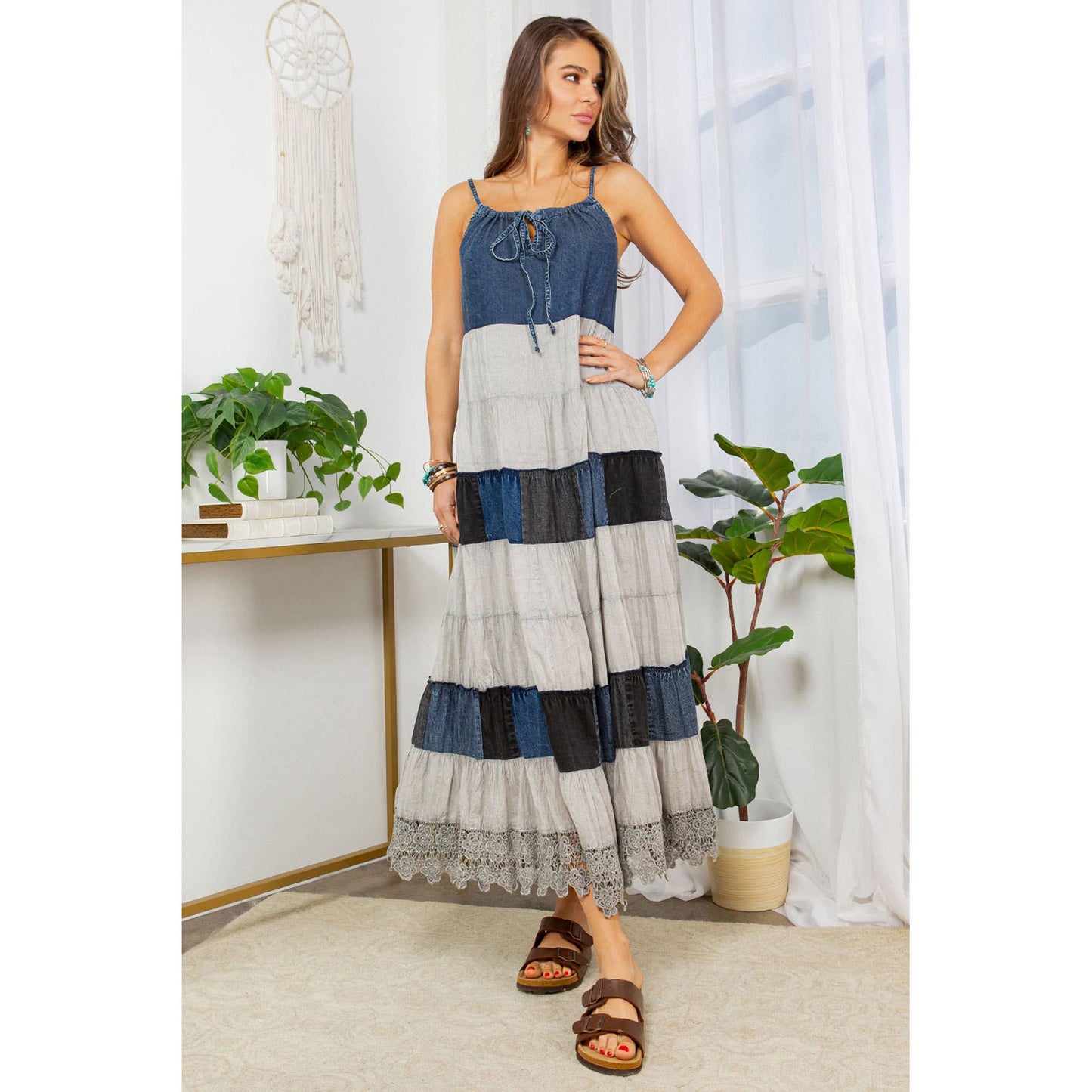 "Prairie" Denim Halter Neck Summer Dress in Grey