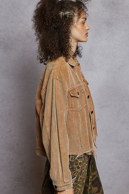 "Bobbie" Destroyed Hem Corduroy Jacket in Teddy Bear Brown