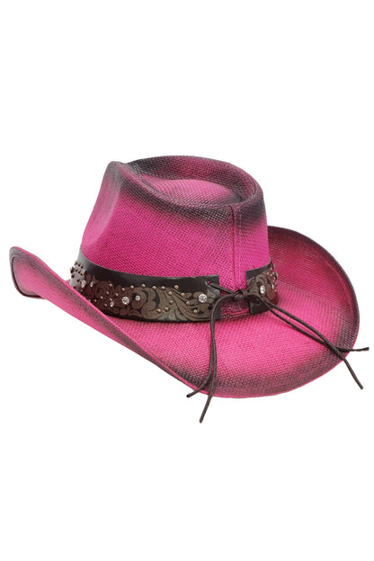 "Heart Bling" Rhinestone Belt Ombre Straw Cowboy Hat