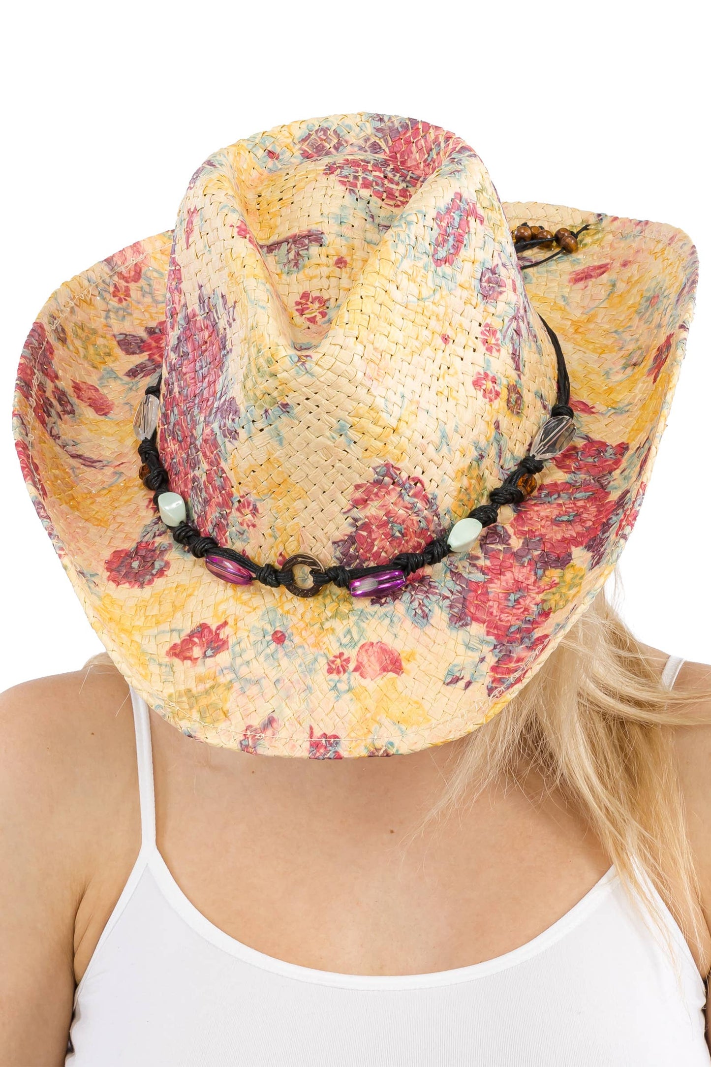 "Poppy" Floral Print Raffia Straw Cowboy Hat