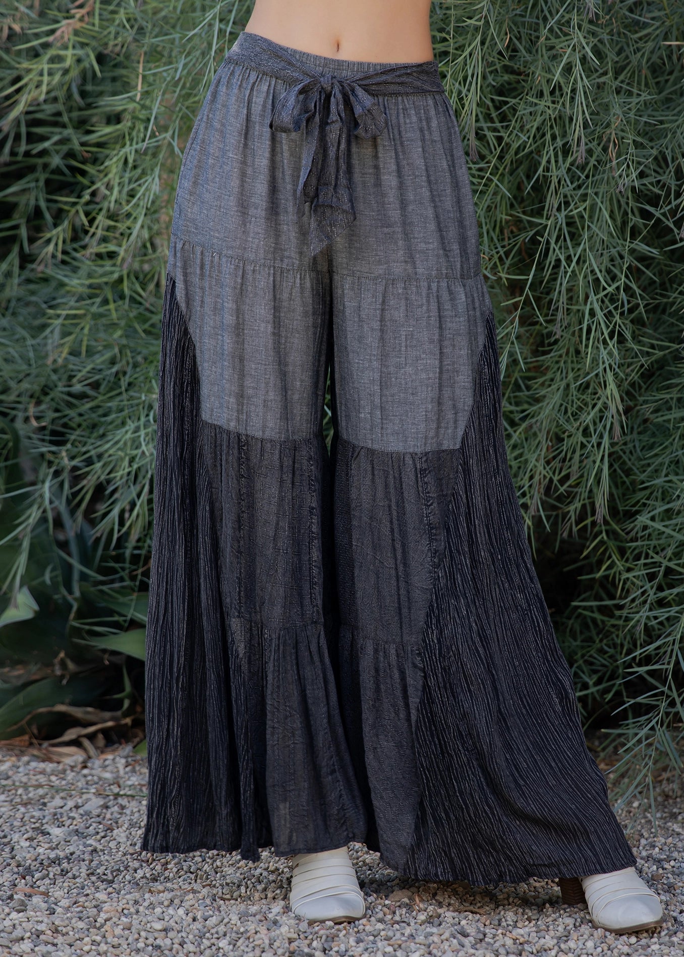 "Cascade" Chambray Paneled Tiered Pants in Black