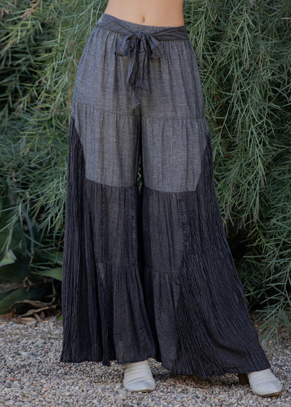 "Cascade" Chambray Paneled Tiered Pants in Black