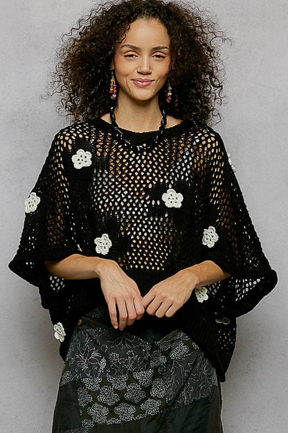 "Bloomin' Filly" Floral Patch Open Sweater Top Black