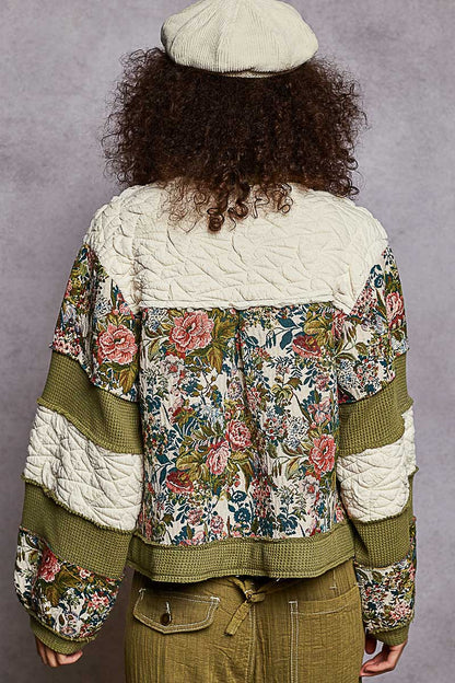 "Mi Adore" Olive Jacquard Waffle Colorblock Floral Jacket