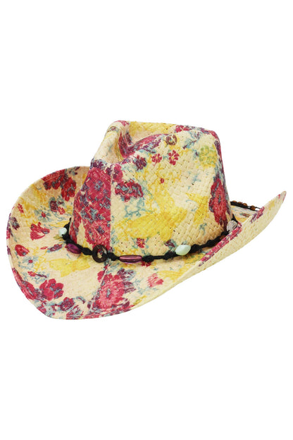 "Poppy" Floral Print Raffia Straw Cowboy Hat
