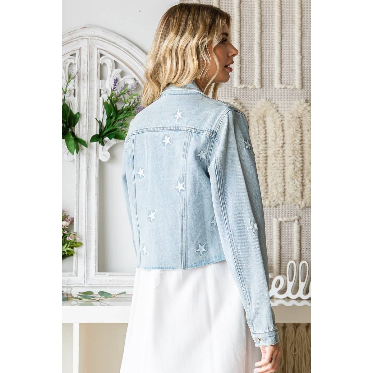 "Starboard" Star Embroidered Denim Jacket in Lt Wash