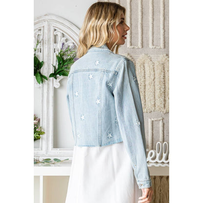 "Starboard" Star Embroidered Denim Jacket in Lt Wash