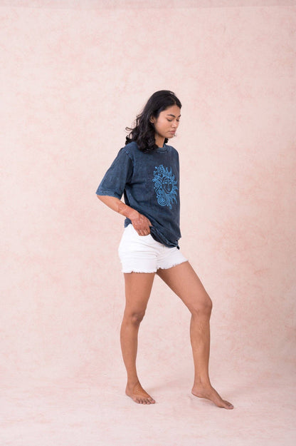 "Sun Moon" Cotton Tee Shirt in Black