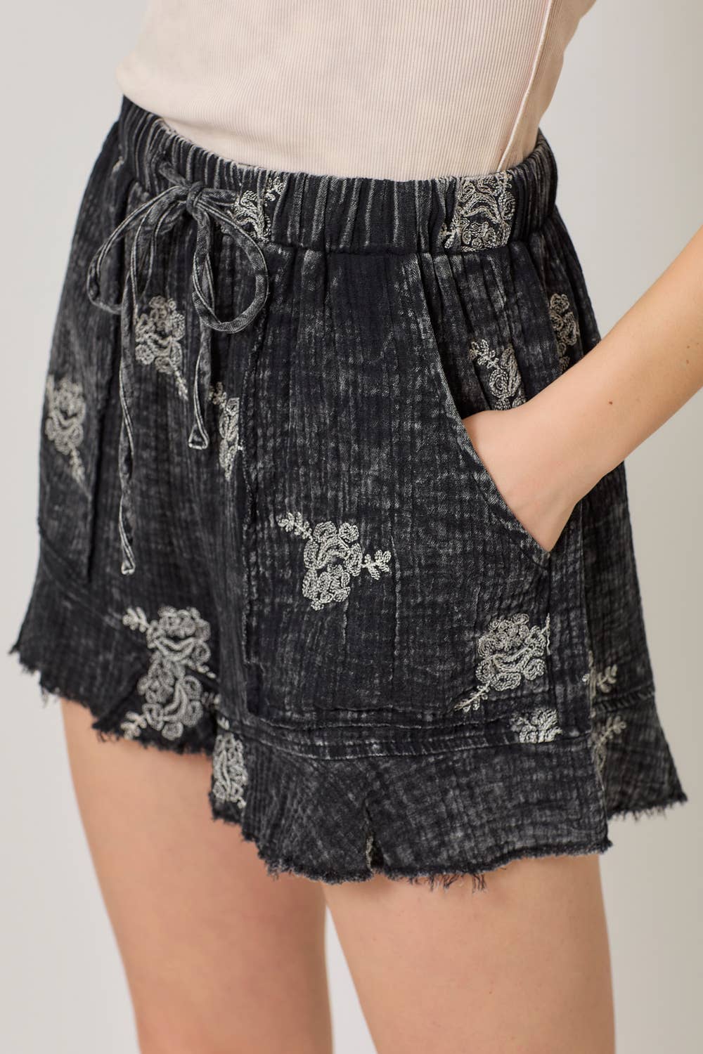 "Clover" Embroidered Shorts in Washed White