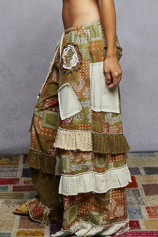 "Mo Patchwork" Layered Ruffled Pants in Olive