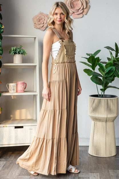 "Freedom" Embroidered Overall Wide Leg Romper In Khaki