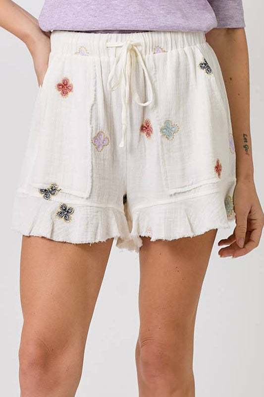 "Clover" Embroidered Shorts in Washed White