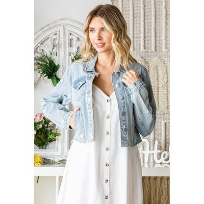 "Starboard" Star Embroidered Denim Jacket in Lt Wash
