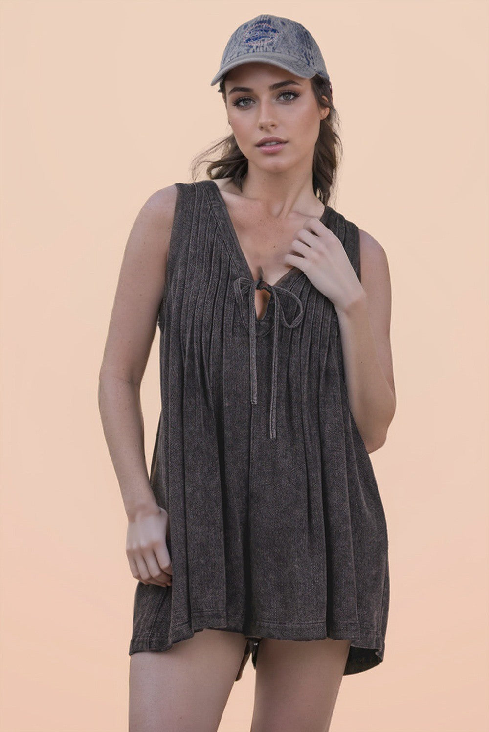 "Sweet Jumper" Pleated Shorts Romper in Washed Black