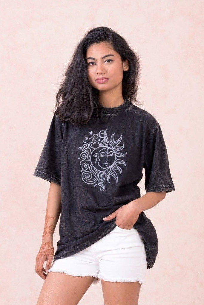 "Sun Moon" Cotton Tee Shirt in Black