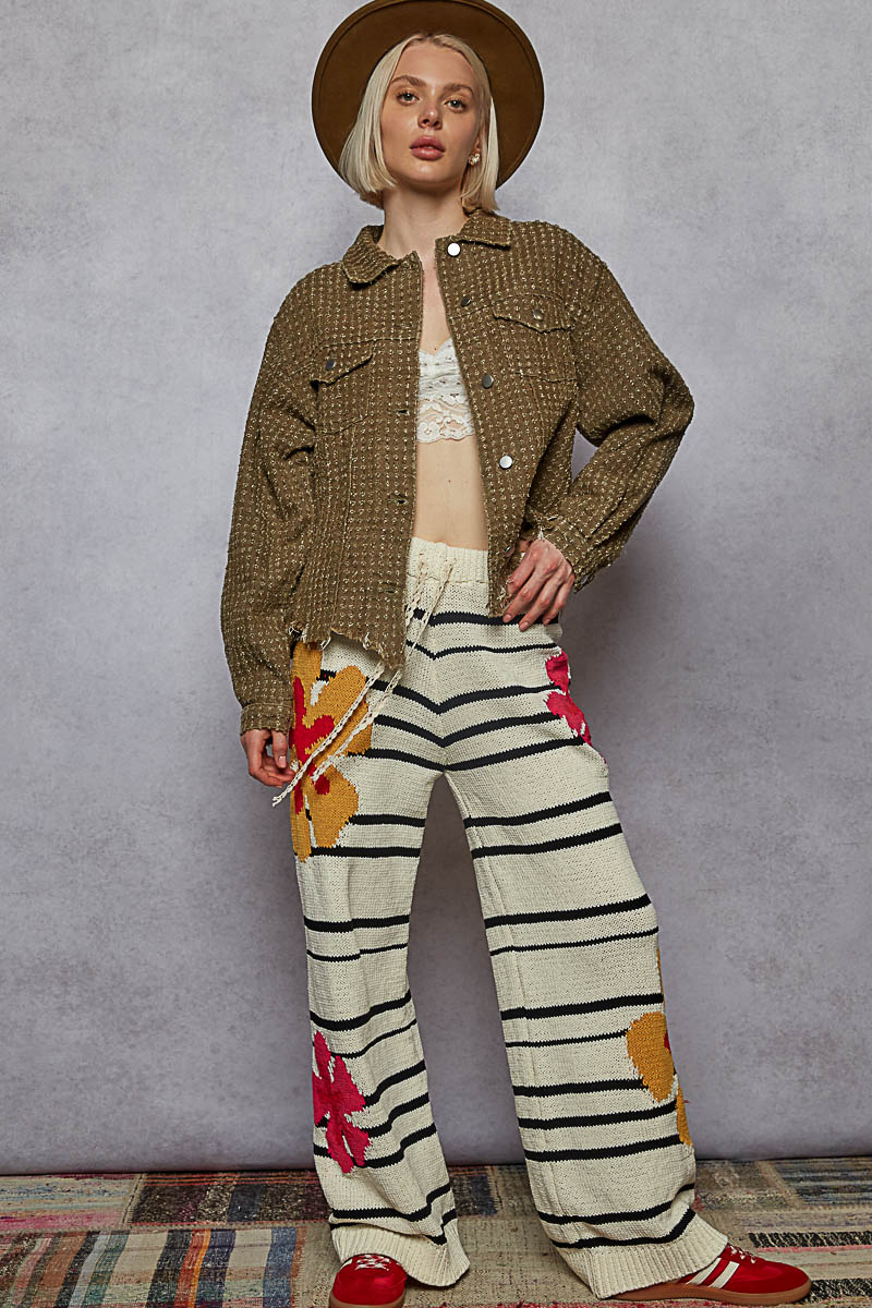 "Lennon" Laser Textured Distressed Twill Jacket in Olive Brown