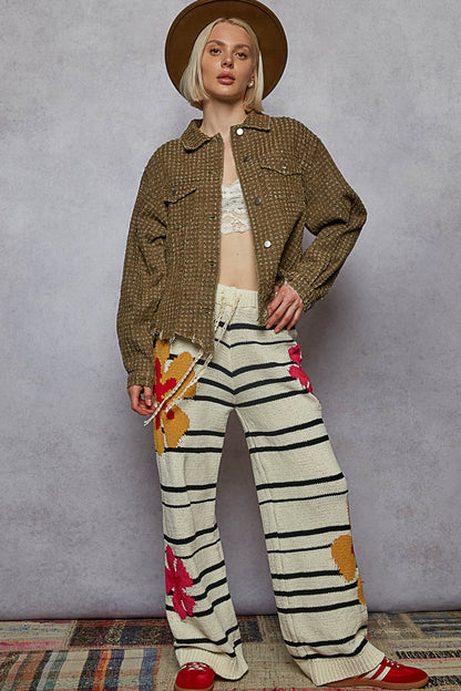 "Lennon" Laser Textured Distressed Twill Jacket in Olive Brown