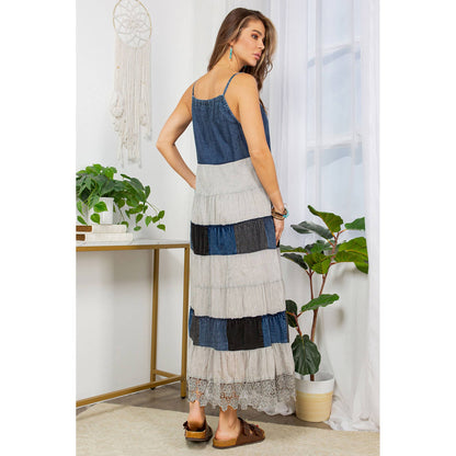 "Prairie" Denim Halter Neck Summer Dress in Grey