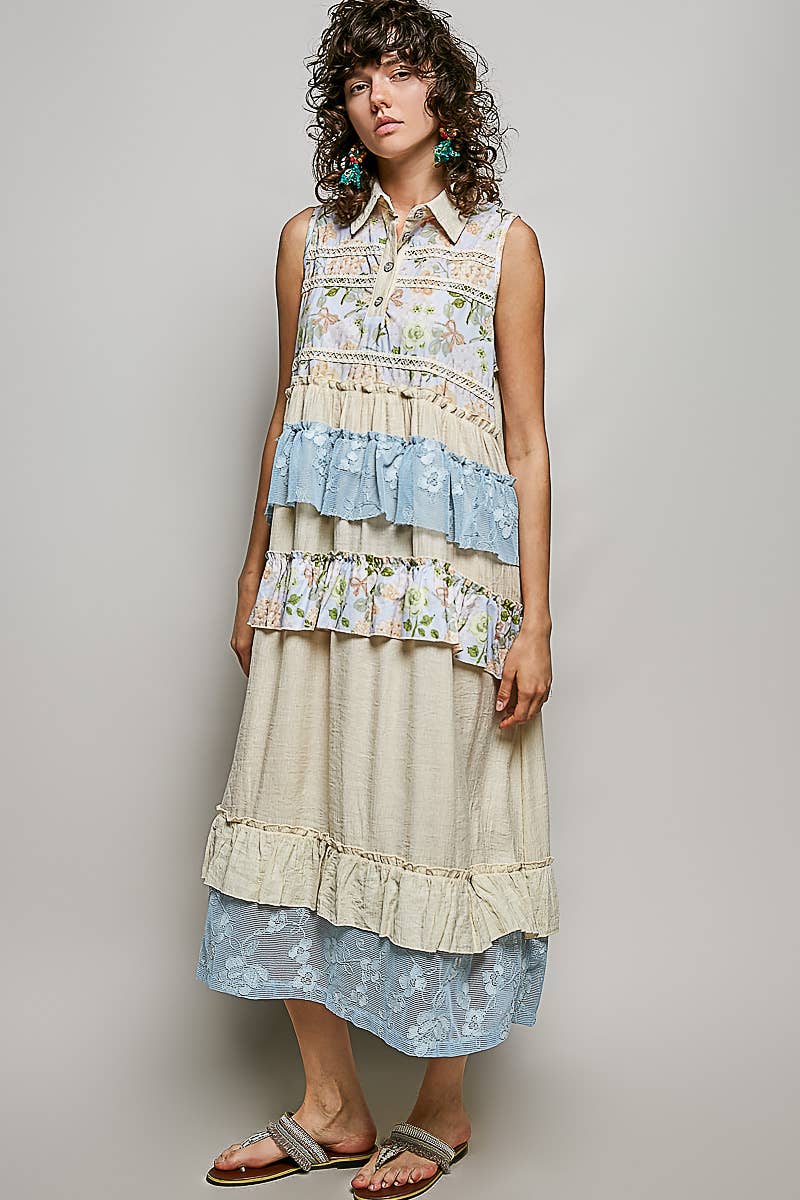 "Danielle" Floral Lace Ruffle Maxi Dress Cream Blue