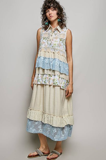 "Danielle" Floral Lace Ruffle Maxi Dress Cream Blue