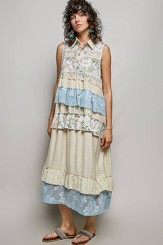 "Danielle" Floral Lace Ruffle Maxi Dress Cream Blue